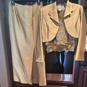 Gold Three-Piece Skirt Suit with Lace Top
